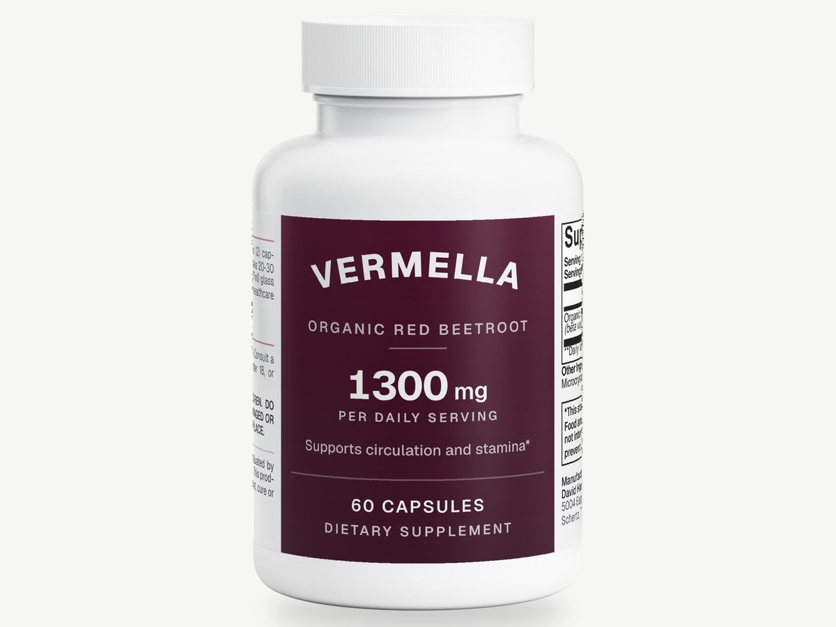 Frasco de Vermella Remolacha, 60 cápsulas, con la etiqueta al frente.