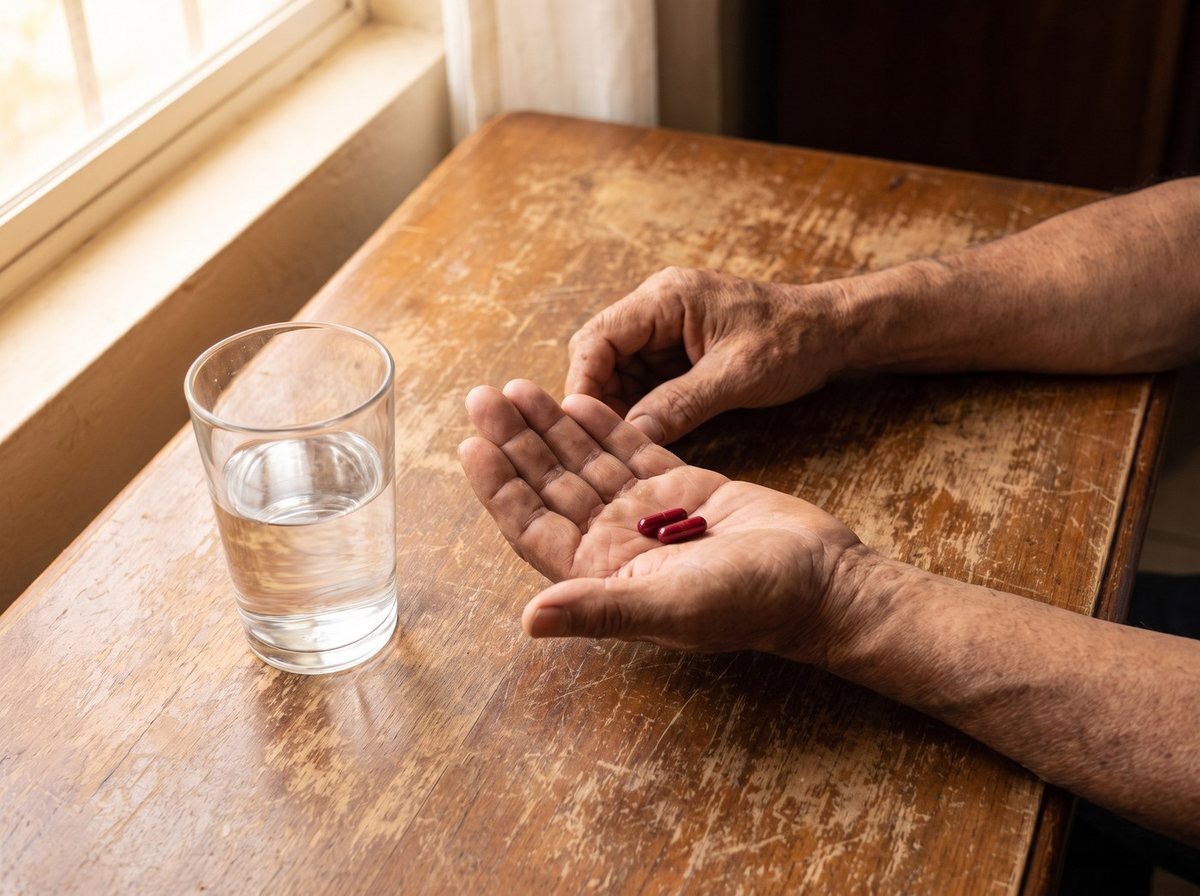 Las manos de un hombre de sesenta y tantos con dos cápsulas junto a un vaso de agua.