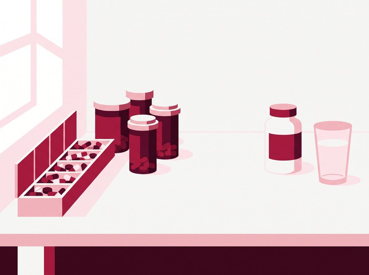 Ilustración de una mesa de cocina con un pastillero desbordado y un frasco aparte.