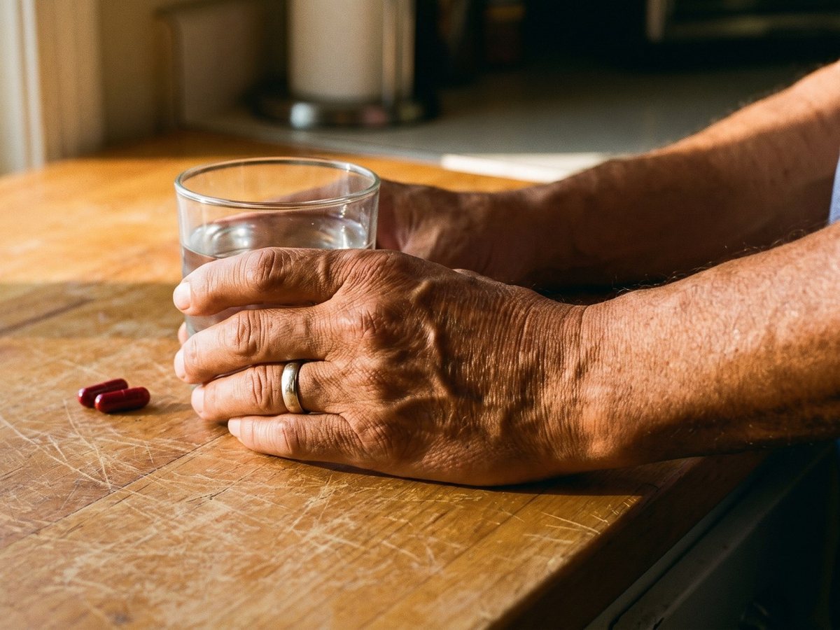 Las manos de un hombre de sesenta y tantos en la barra de la cocina, con un vaso de agua y dos cápsulas al lado.